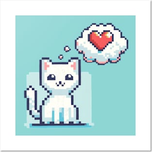 Pixel Cat with Heart Cloud Posters and Art